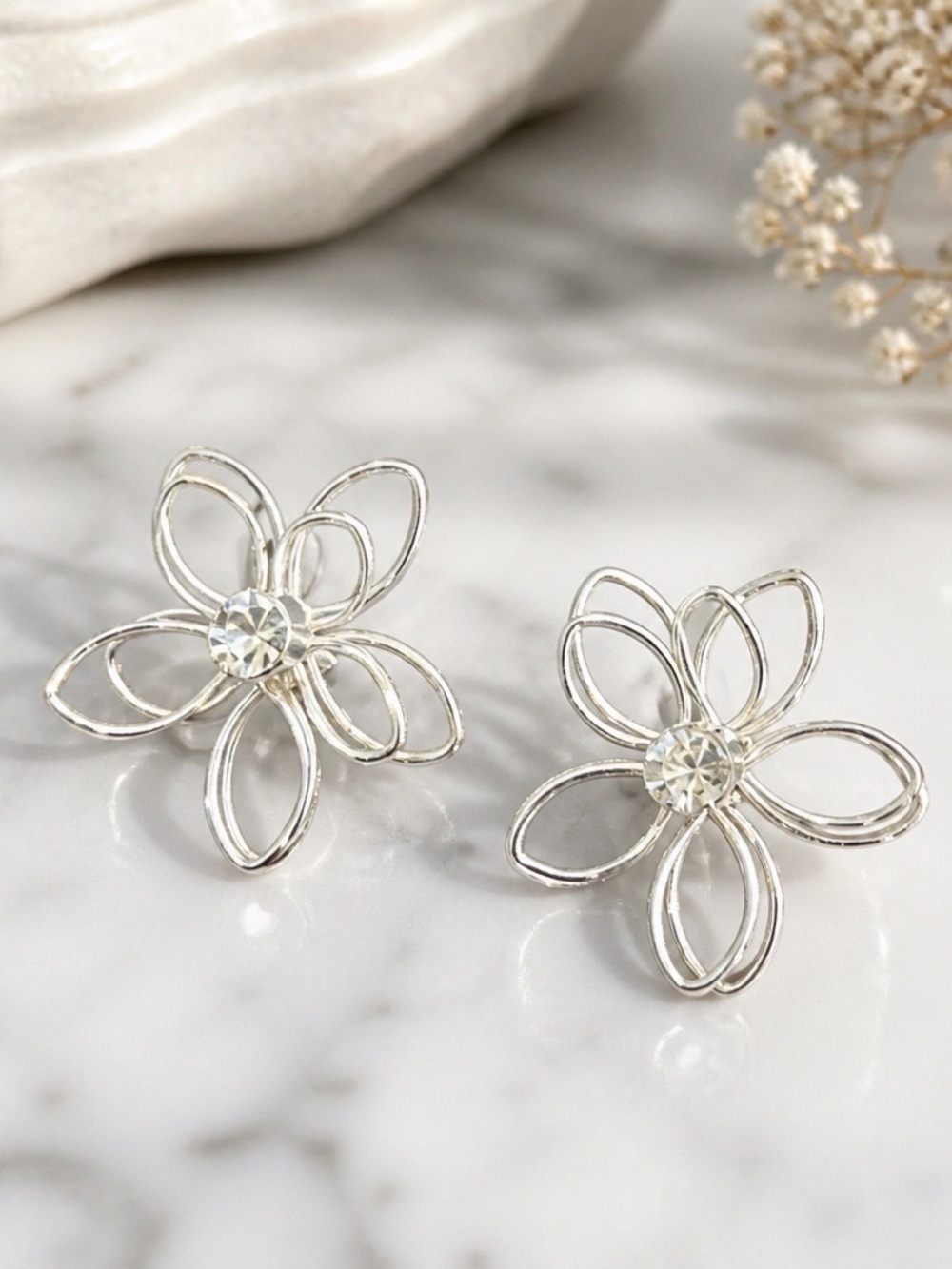 Silver Floral Open-Petal Stud Earrings with Crystal Center - Women Jewelry